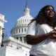 U.S. Cori Bush (D-Mo.) speaks to a reporter outside the U.S. Capitol August 2, 2021 in Washington, DC. Rep. Bush has been camping out at the front steps of the U.S. Capitol to protest the ending of the eviction moratorium.